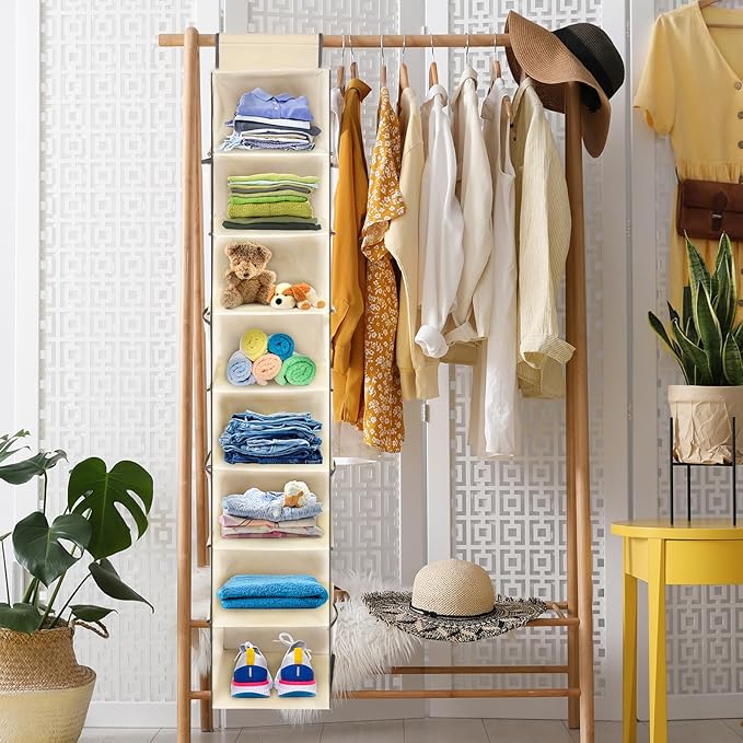 Large-Sized Hanging Shoe Organizer 8-Shelf, Hanging Closet Organizer with 8 Side Pockets, Wider Hanging Shelves for Storage S