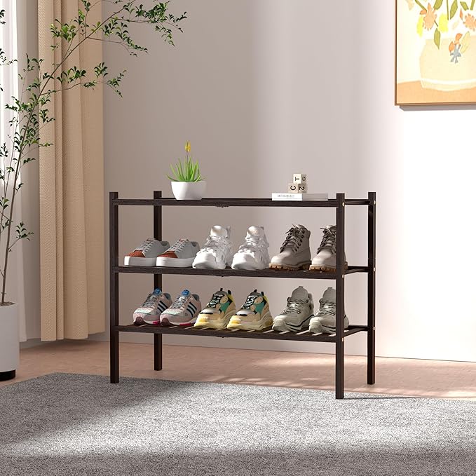 ROMGUAR CRAFT 3 Tier Bamboo Shoe Rack for Closet Free Standing Wood Shoe Shelf for Entryway Small Space Stackable 27"x11"x20"