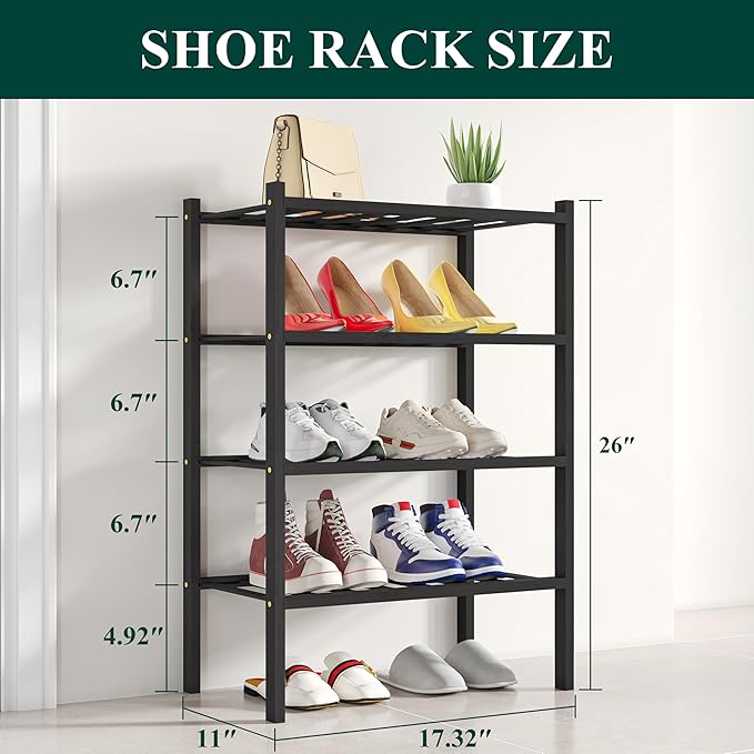 Smiry Shoe Rack, 4 Tier Small Bamboo Shoe Organizer, Stackable Free Standing Wooden Shoe Storage Shelf for Closet, Entryway, 