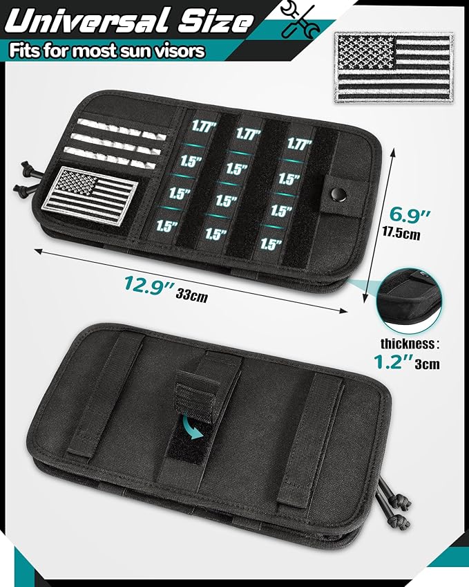 Visor Organizer, Heavy Duty Tactical Car Sun Visor Organizer with Large Zipper Pocket & Sunglasses Holder, Semi-Rigid Molle Visor Storage Pouch for Cars, Trucks, and SUVs, Car Interior Accessories