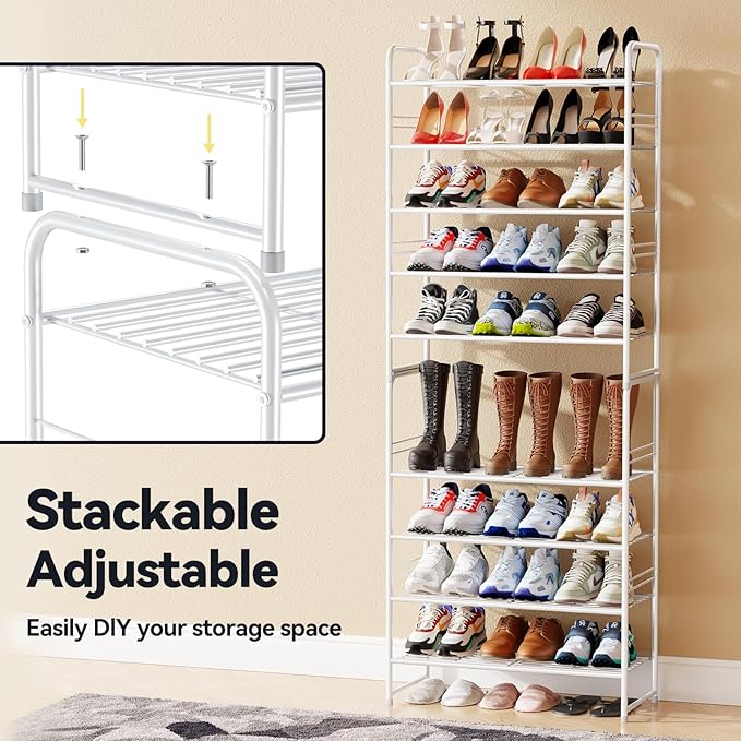 5 Tier Shoe Rack Closet Metal Heavy Duty, Stackable, White