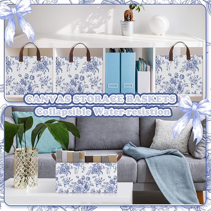 Boao 3 Pcs Blue Floral Storage Bin Wildflowers Collapsible Large Storage Baskets for Gifts Canvas Laundry Basket Foldable Box