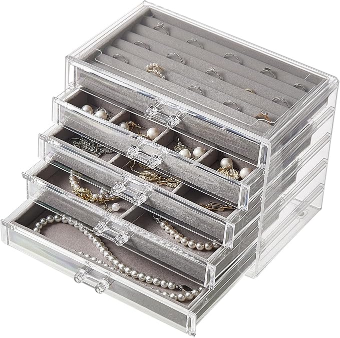 Acrylic Jewelry Box with 5 Drawers, Clear Earring Holder Organizer Rings Display Case with Adjustable Velvet Trays for Women 