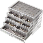 Acrylic Jewelry Box with 5 Drawers, Clear Earring Holder Organizer Rings Display Case with Adjustable Velvet Trays for Women 