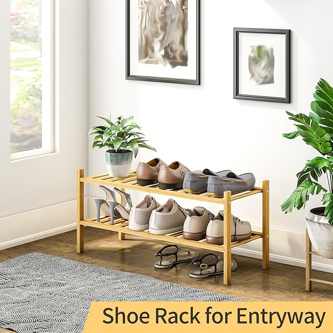 2-Tier Bamboo Shoe Rack for Entryway, Stackable | Heavy Duty | Multi-Function, Free Standing Shoe Racks for Bedroom Hallway C