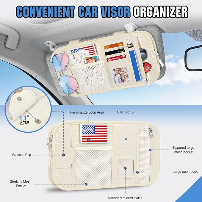 HUANLANG Car Sun Visor Organizer, Tactical Car Accessories with Zipper Storage Pouch, Glasses Clip Card Sleeve Pocket, Multi-Pocket Visor Organizer Fits Most Cars, SUVs, Trucks