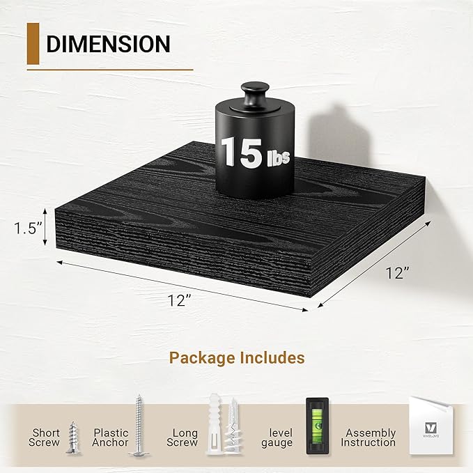 Vivelove Black Floating Shelves 12 Inches Wide, 12" Deep Wall Shelves for Bedroom, Bathroom, Living Room, Kitchen, Office, Ru
