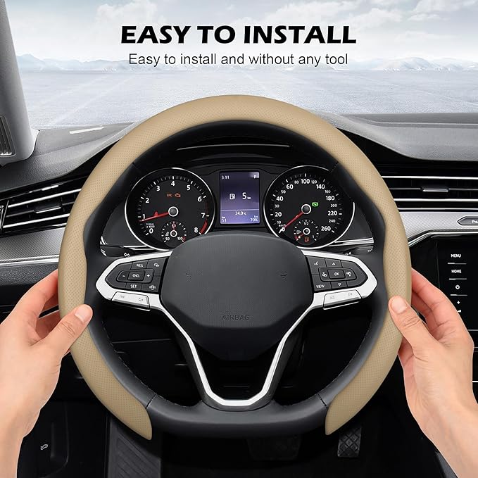 Frani Nappa Leather Steering Wheel Cover,Universal Fit 15 Inch-Premium Non-Slip Breathable Comfort Grip for Cars Trucks SUVs,Anti-Slip Durable Interior Upgrade Light Beige