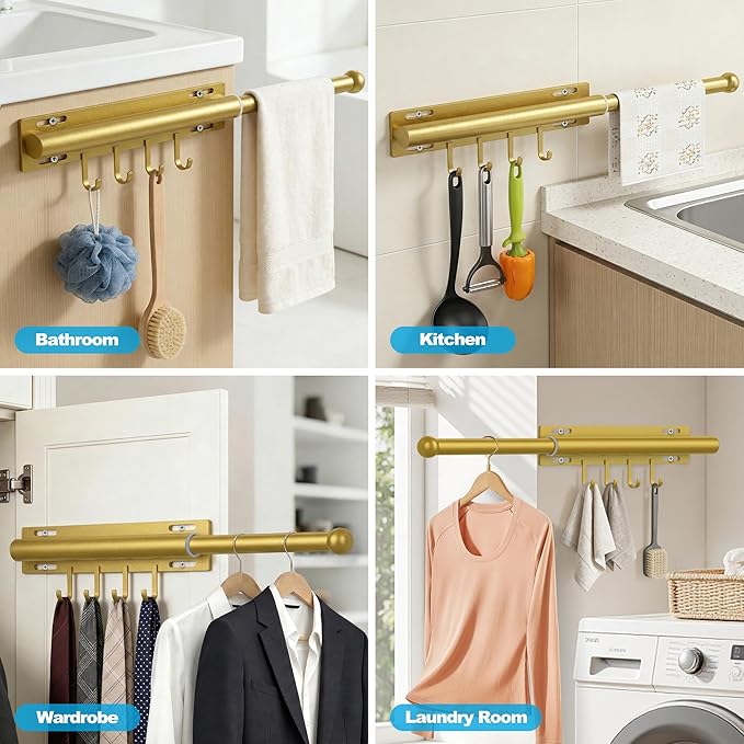 Valet Rod for Closet Retractable with 4 Hooks, 13.4"-23.2" Pull Out Clothes Hanger Rail, Heavy Duty Alloy Steel Side Mount Wa