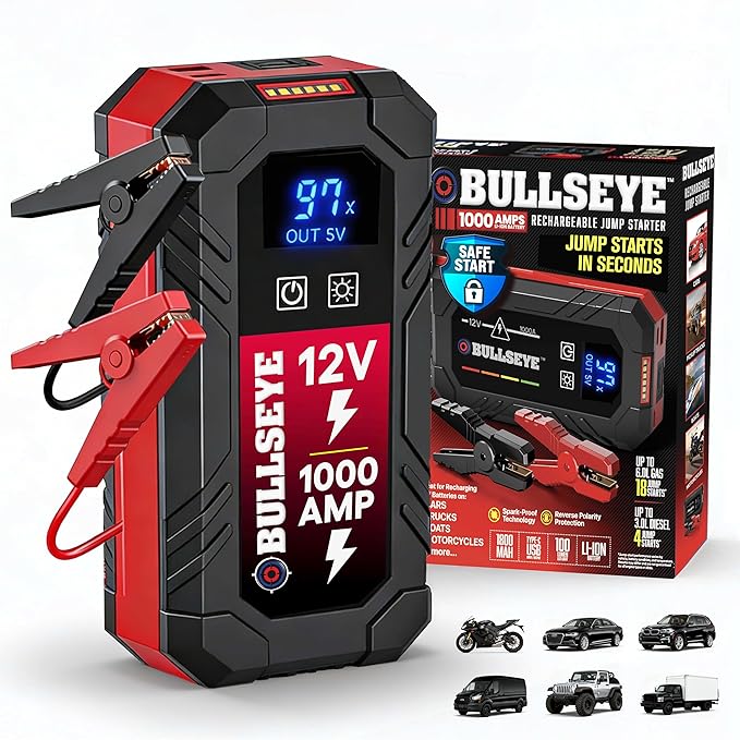 Bullseye Safety XL 1000A Car Battery Jump Starter Box with Jumper Cables, 12V Car Jump Starter Portable Booster for 6.0L Gas