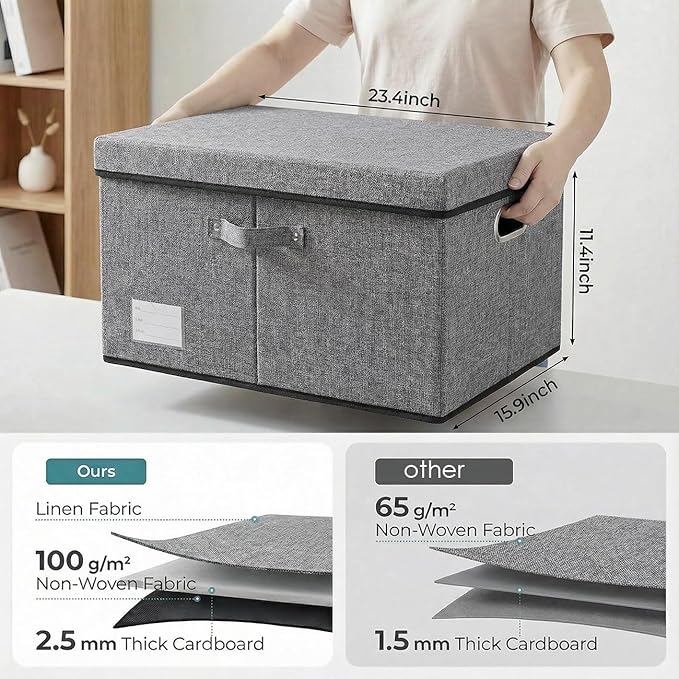 PRANDOM Storage Bins with Lids [3-Pack] Linen Fabric Foldable Storage Boxes Organizer Containers Baskets Cube with Cover for 