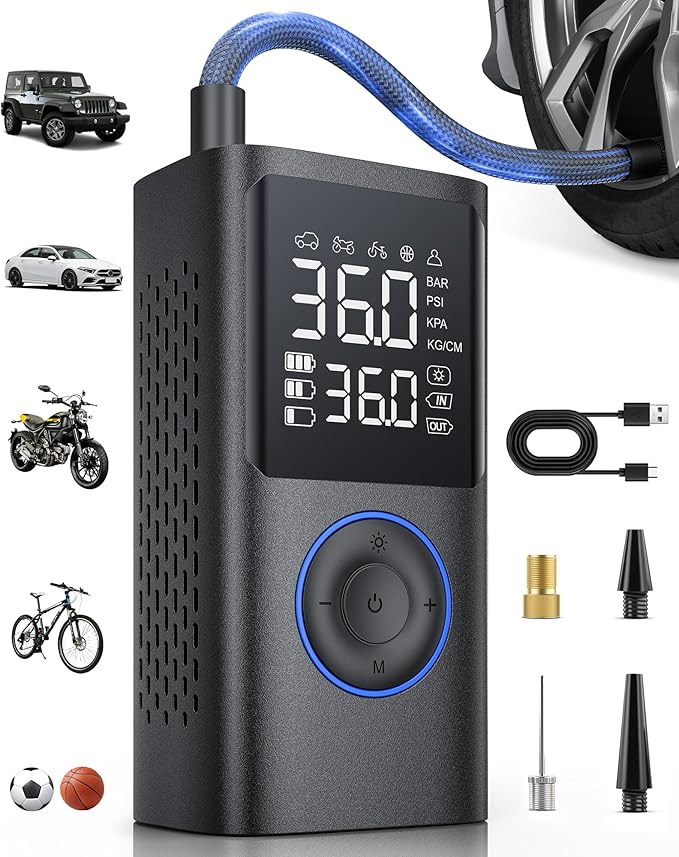 Tire Inflator Portable Air Compressor, 150 PSI Cordless Bike Pump, Air Pump for Auto, Motorcycle, Bicycle, Balls with Pressure Gauge, LED Light & Car Accessories, Blue, Standard Capacity