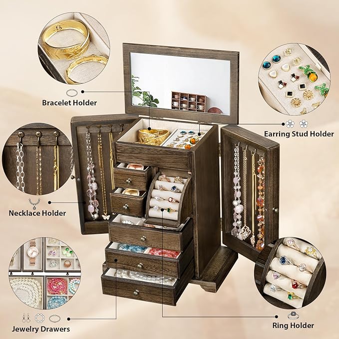 Jewelry Box for Women, Rustic Wooden Jewelry Boxes & Organizers with Mirror & Drawers,6 Layer Jewelry Organizer Box for Rings