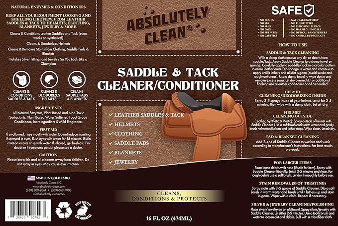 Absolutely Clean Amazing Saddle Soap Spray for Leather Cleaning & Tack Cleaner and Conditioner - Cleans Helmets, Clothing, Sa