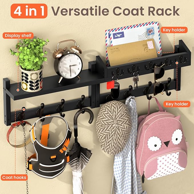 35'' Long Black Coat Rack Wall Mount with Shelf, Solid Wood Coat and Key Hanger with 13 Metal Hooks, Farmhouse Wall Organizer