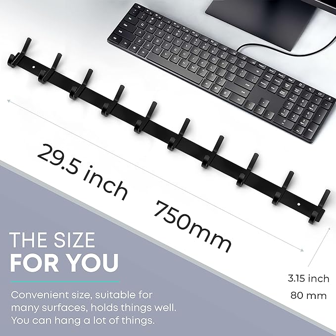 Matte Black Coat Rack Wall Mount – 30 Inch Stainless Steel Hook Rail with 10 Double Coat Hooks – Wall Mounted Entryway Organi