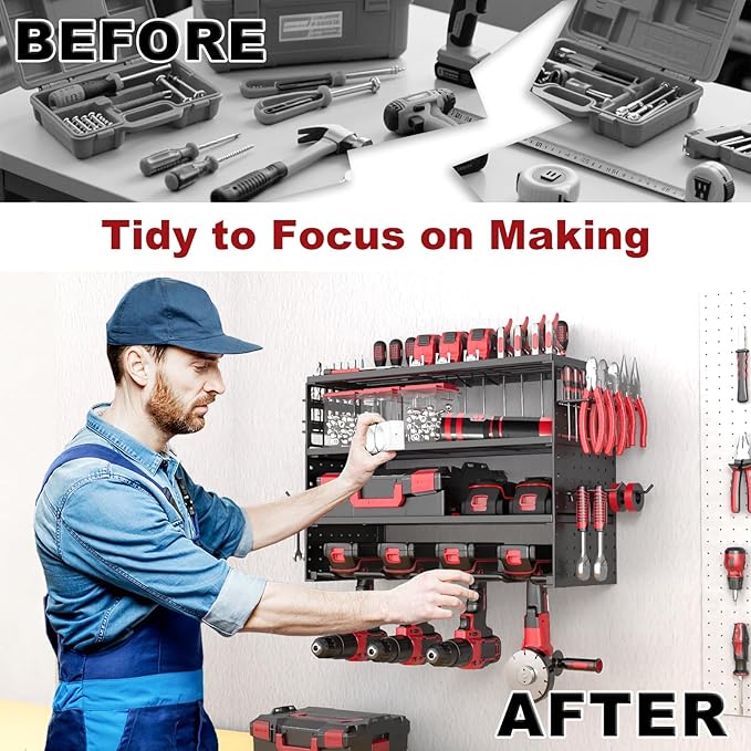 Power Tool Organizer Wall Mount - 4 Layer Metal Power Tool Storage Rack, Cordless Drill Holder with 4 Hooks, Utility Storage 