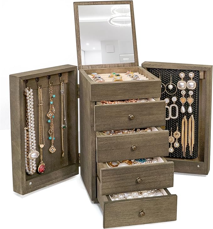 Meangood Jewelry Box Wood for Women, 5-Layer Large Organizer Box with Mirror & 4 Drawers for Rings, Earrings, Necklaces, Vint
