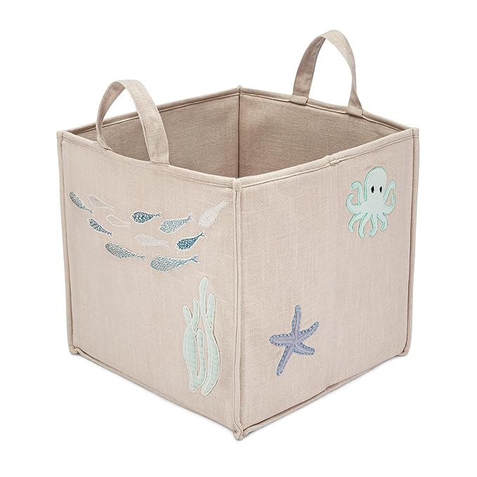 Crane Baby Fabric Nursery Storage Basket, Toy Storage, Sea Life Theme, 14"x14", Toy Basket, Baby Storage Organizer, Toy Organ