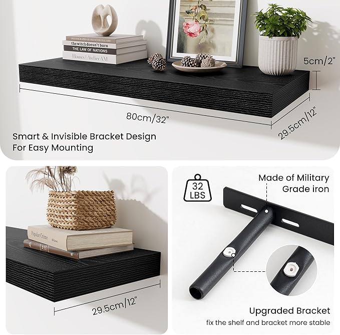 Fun Memories 32 x 12 Floating Shelves Wall-Mounted - Rustic Wood Shelf - 12 Inch Deep Floating Shelves for Wall - Large Stora