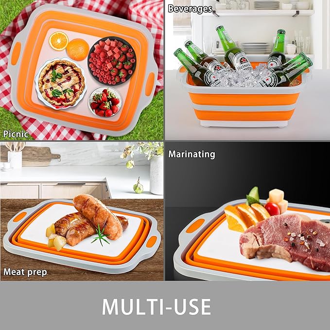 Collapsible Cutting Board with Container, Foldable Camping Sink with Colander, BBQ Prep Tub with Lid, Multifunction Dish Basi