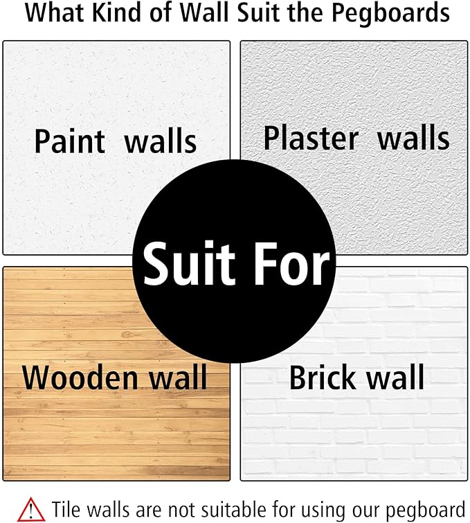 4Pcs Peg Board Panels, White ABS Pegboard Wall Mount, Easy Installation for Craft Room, Garage, Kitchen, Workshop