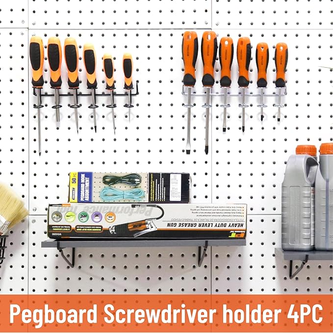 HUHOLE 4-Pack Pegboard Screwdriver Holder – Black Heavy Duty Steel Peg Board Screwdriver Organizer Rack–Multi-Ring Pegboard T