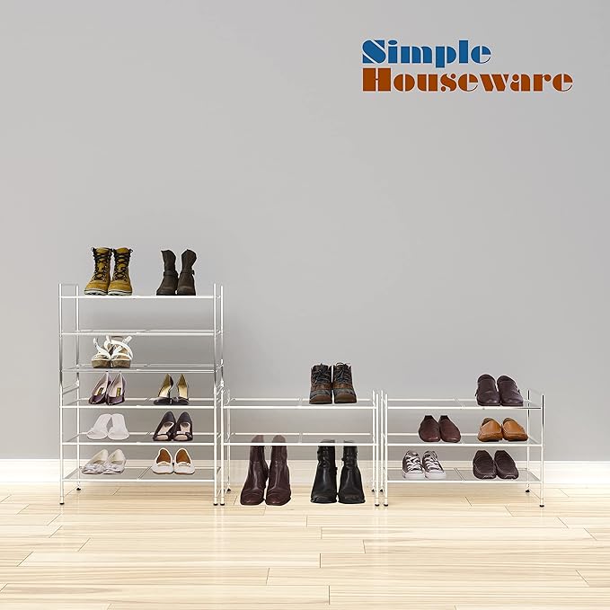 Simple Houseware 3-Tier Stackable Mesh Shoe Rack, Silver