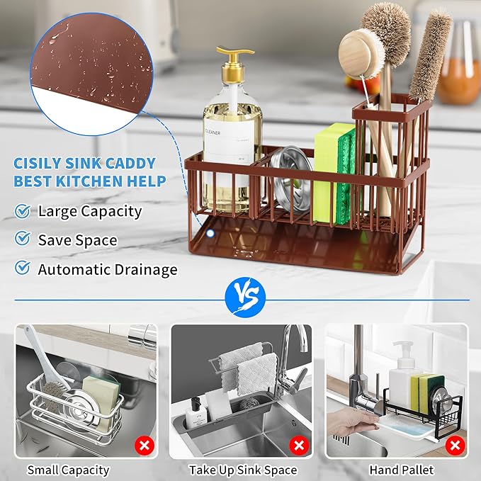 Cisily Kitchen Sink Caddy, Sponge Holder for Kitchen Sink, Kitchen Sink Organzier and Storage with High Brush Holder, Rustpro