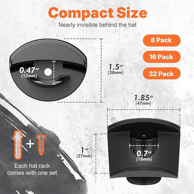 HOUSE DAY Adhesive Hat Hooks for Wall 16 Pack, Strong Hat Rack for Baseball Cap Display Organizer, Hats Holder for Wall, Door