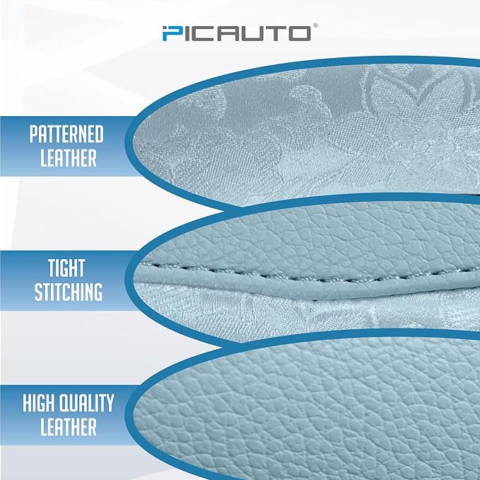 PIC AUTO Steering Wheel Cover, Light Blue Patterned Leather Patchwork Design, Universal Fit 14.5"–15.5", Anti-Slip, Odor-Free