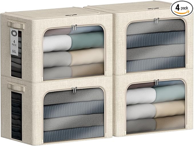 4 Pack Clothes Storage Bins with Metal Frame - 66L Stackable Storage Box with Lid，Foldable Storage Container Organizer for Cl