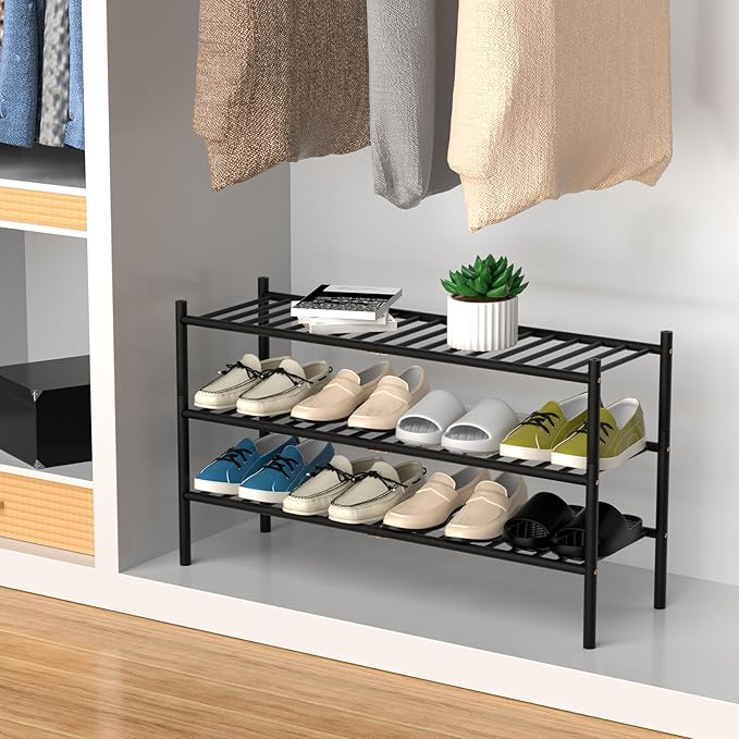 ROMGUAR CRAFT 3-Tier Bamboo Long Shoe Rack, Free Standing Wood Shoe Shelf Storage Organizer for Closet Entryway Stackable 35"