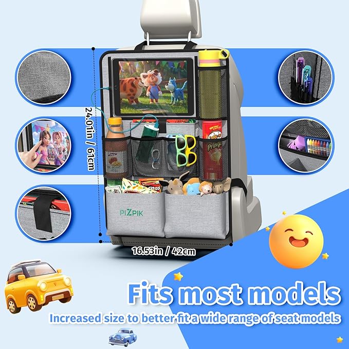 Car Backseat Organizer with Tablet Holder,11 Storage Pockets with Foldable Food Tray, Protector Kick Mats for Kids, Travel Accessories Organizer (Gray, 2-Pack)