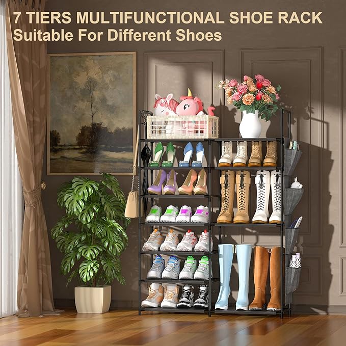Kottwca 7 Tiers Shoe Rack Metal Shoe Organizer for Entryway Closet, 24-28 Pairs Stackable Shoe and Boots Shelf Storage Cabine