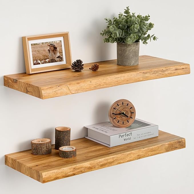 Floating Shelves Set of 2, Solid Elm Wood Wall Shelves 24 Inch - Invisible Bracket Mount for Living Room, Bedroom, Kitchen, B