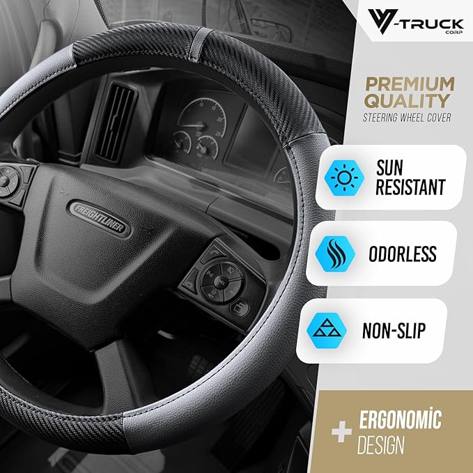 18-Inch Genuine Leather Steering Wheel Cover for Semi Trucks – Grey with Black Carbon Fiber Imitation, Heavy-Duty Non-Slip Grip, Universal Fit, Easy Installation