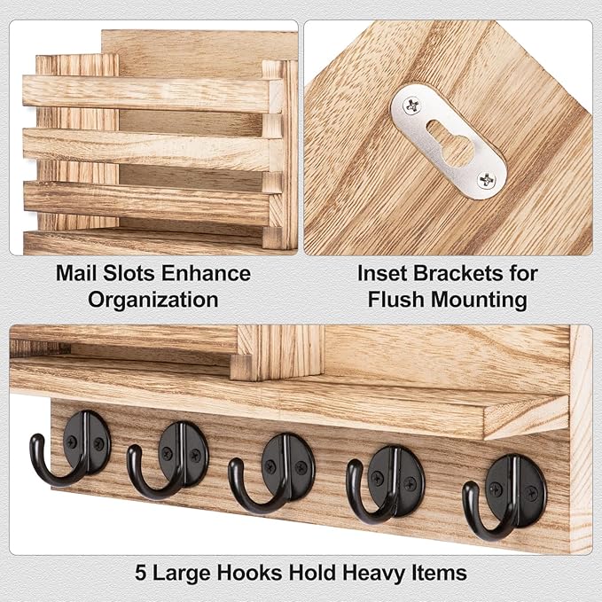 Lwenki Key Holder for Wall – Decorative Wooden Mail Holder and Key Shelf with Mounting Hardware, Installation Guide – Paulown