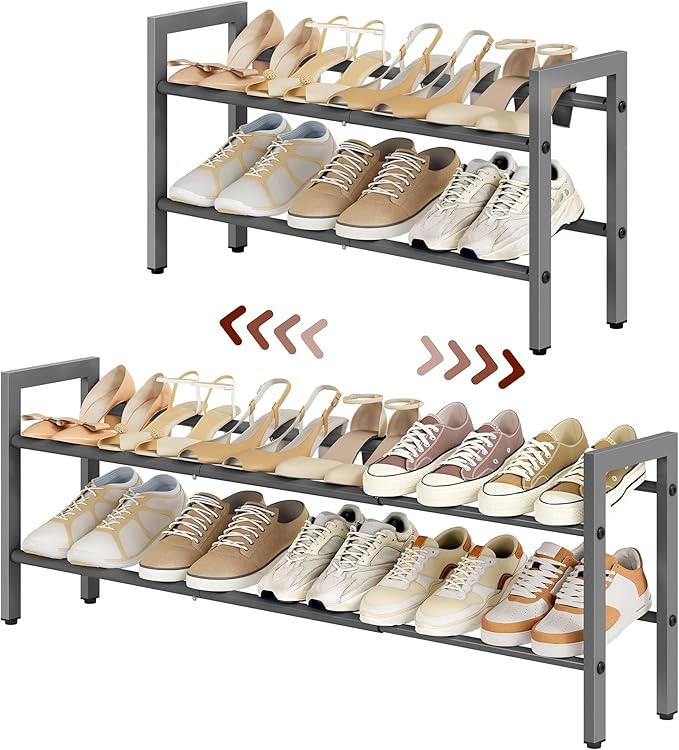 FAVOOSTY 2-Tier Expandable Shoe Rack, Adjustable Shoe Shelf Storage Organizer Space Saving Metal Free Standing Shoe Rack for 