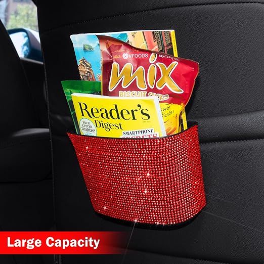 Cavalcade Car Trash Can, Hanging Trash Bin, Leakproof Garbage Organizer, Bling Vehicle Waste Basket, Mini Dustbin Container with Clip for Car, Office, Kitchen, Bedroom, Home and More, Red, Small