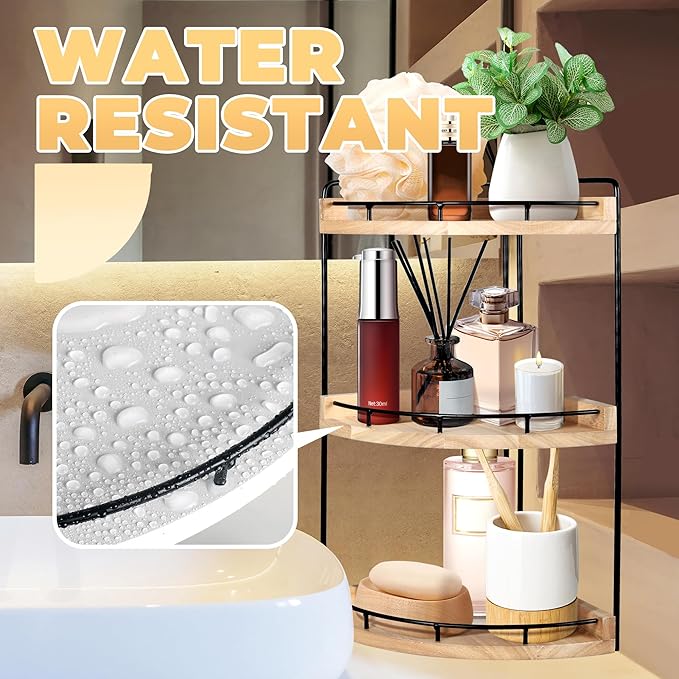 3 Tier Bathroom Counter Organizer, Bathroom Counter Tray and Vanity Organizer, Wood Corner Countertop for Kitchen, Dresser (R