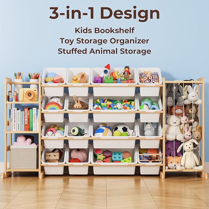 Storage Organizer with Bookshelf and Stuffed Animal Storage - Playroom Organization with Shelves and 12 Bins - Living Room Bo