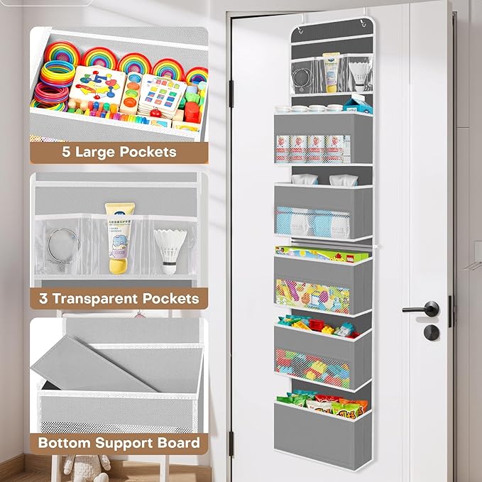 SpaceWhisper Over the Door Organizer, 6 Large Pocket Hanging Storage Organizer with 40lb Capacity, Space Saving for Nursery, 