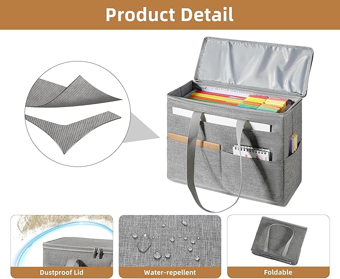 Qozary 2 Pack File Folder Organizer Box-Hanging File Tote Bag With Lids, Collapsible Portable Filing Organizer Box With Handl