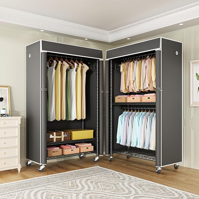 FUTASSI Black Clothing Rack with Dark Gray Cover, P1C Rolling Closets with Wheels, Metal Garment Rack for Hanging Clothes, Cl
