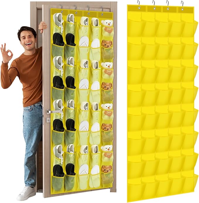 Windyun 40 Over the Door Shoe Organizer Large Mesh Pocket Hanging Shoe Rack for Closet Yellow Nonslip Behind Door Storage Hol