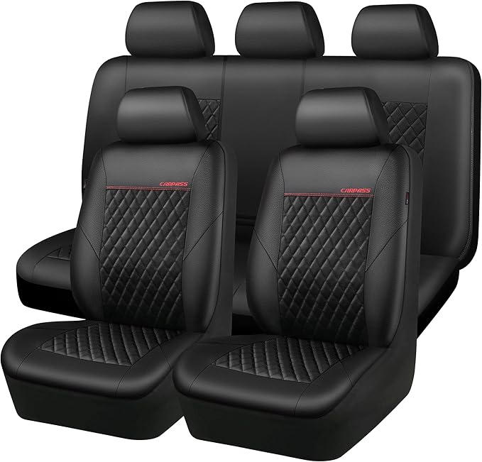 CAR PASS Quilting Faux Leather Seat Covers Full Set, Waterproof Deluxe Premium Seat Cover with 5mm Composite Sponge Inside, A