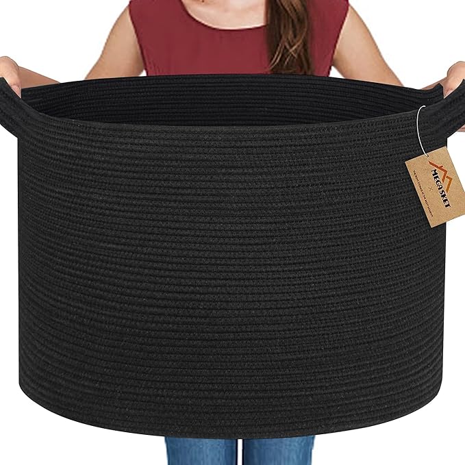 MEGASKET Large Black Blanket Basket, 22" X 22" X 14" Woven Rope Bin for Storage, Kids Dog Toy Storage Box Organizer Bins, Bla