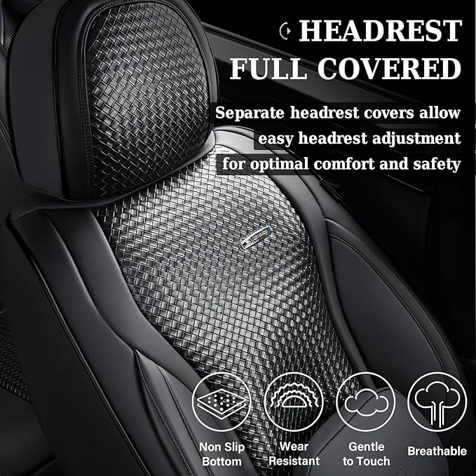 Coverado Car Seat Covers Full Set, Black Seat Covers for Cars, Waterproof Nappa Leather Automotive Seat Covers with Lumbar He
