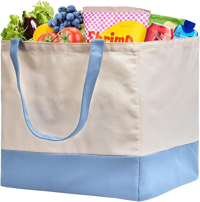 Reusable Grocery Bags Heavy Duty, 8.3 gal Foldable Large Canvas Tote Bag with Handles, Holds 60 lbs Canvas Shopping Bags, 1 Pack（Off White+Light Blue）